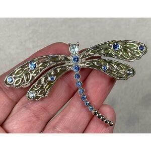 Vintage Dragonfly Pin Brooch Silvertone Light Blue Clear Rhinestone Green Enamel